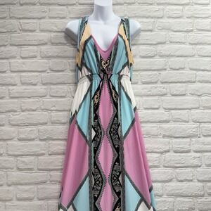 Bohemian Hippie Long Maxi Dress Sz M Stretch Whimsy Fairy Boho Festival Aztec